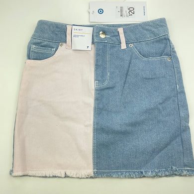 Girls Target, pink & blue stretch denim skirt, adjustable, L: 31cm, NEW, size 7,  