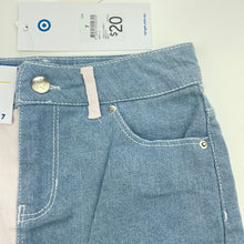Load image into Gallery viewer, Girls Target, pink &amp; blue stretch denim skirt, adjustable, L: 31cm, NEW, size 7,  