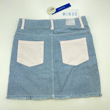 Load image into Gallery viewer, Girls Target, pink &amp; blue stretch denim skirt, adjustable, L: 31cm, NEW, size 7,  