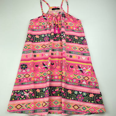 Girls Fred Bare, colourful lightweight cotton summer dress, wash fade, FUC, size 7, L: 66cm