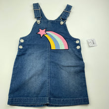 Load image into Gallery viewer, Girls Kids &amp; Co, stretch denim overalls dress / pinafore, rainbow, NEW, size 3, L: 52cm