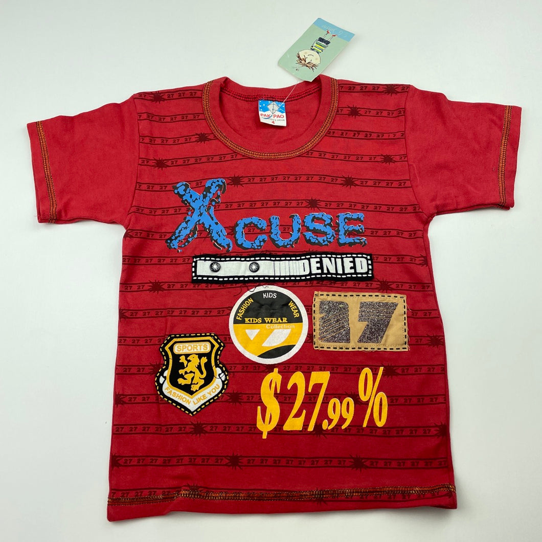 Boys PAK PAO, red t-shirt / top, armpit to armpit: 28cm, NEW, size 3-4,  
