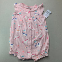 Load image into Gallery viewer, Girls Carters, pink cotton romper, unicorns, NEW, size 1-2,  