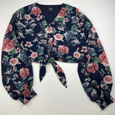 Girls Bardot Junior, navy floral cropped tie front top, L: 32cm, GUC, size 10,  