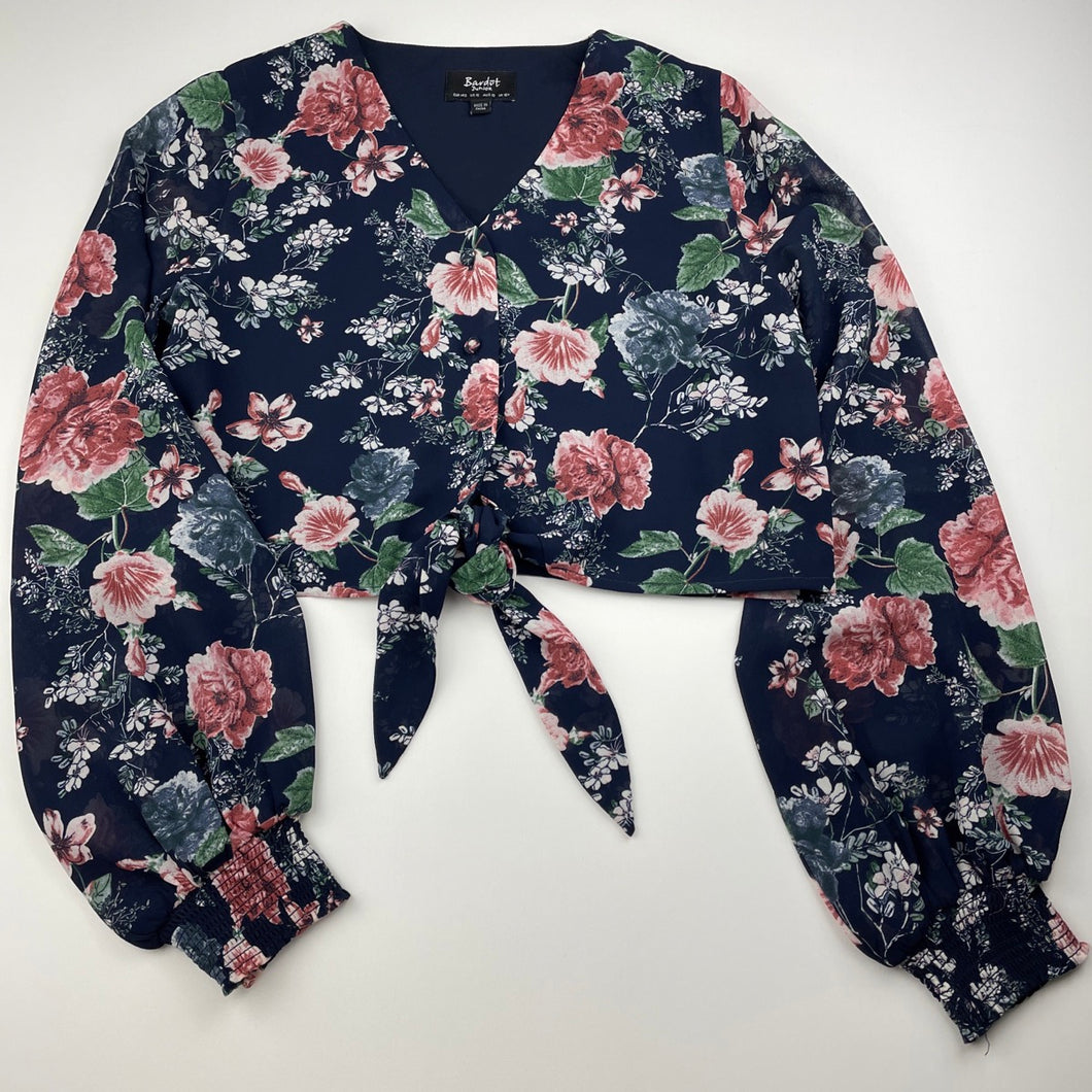 Girls Bardot Junior, navy floral cropped tie front top, L: 32cm, GUC, size 10,  