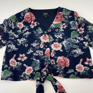 Girls Bardot Junior, navy floral cropped tie front top, L: 32cm, GUC, size 10,  