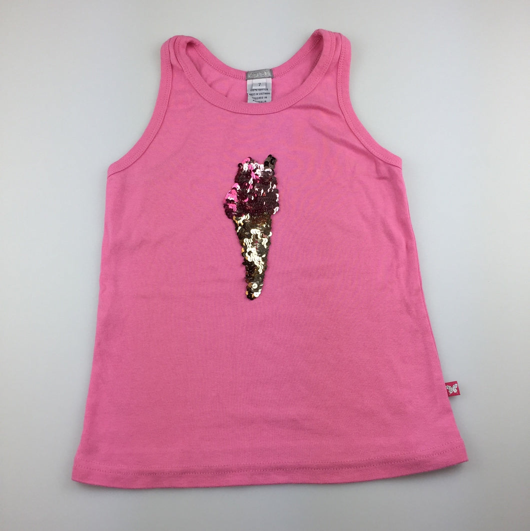 Girls Fred Bare, pink cotton singlet / tank top, sequin ice cream, GUC, size 7