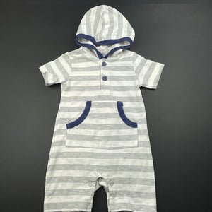 Boys Rene Rofe, grey stripe hooded romper, EUC, size 00,  