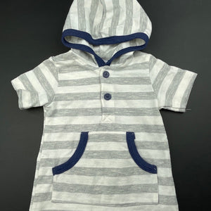 Boys Rene Rofe, grey stripe hooded romper, EUC, size 00,  