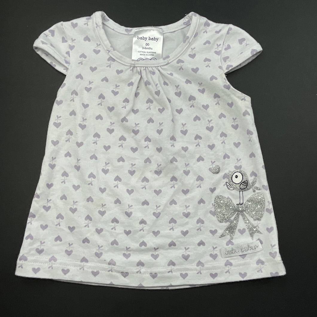 Girls Baby Baby, purple & white stretchy top, hearts, FUC, size 00,  
