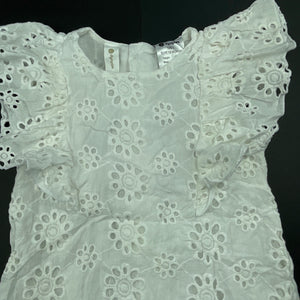 Girls Dymples, lined broderie cotton ruffle dress, GUC, size 1, L: 43cm