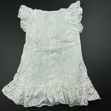Load image into Gallery viewer, Girls Dymples, lined broderie cotton ruffle dress, GUC, size 1, L: 43cm