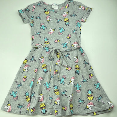 Girls B Collection, grey marle casual dress, unicorns, FUC, size 8, L: 64cm