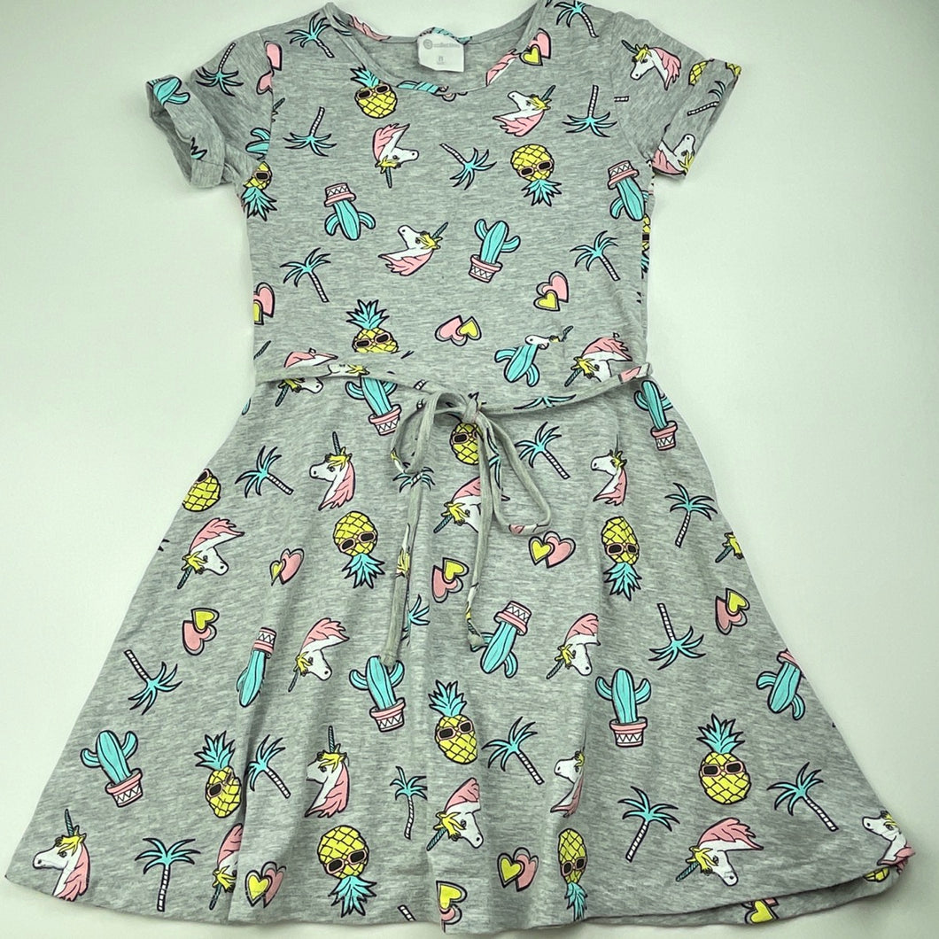 Girls B Collection, grey marle casual dress, unicorns, FUC, size 8, L: 64cm