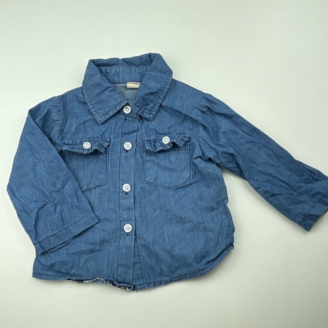 Boys blue, chambray long sleeve shirt, armpit to armpit: 26cm, GUC, size 0-1,  