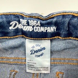 unisex 1964 Denim Co, blue stretch denim jeans, adjustable, Inside leg: 23cm, GUC, size 1,  