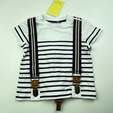 Boys Bardot Junior, navy stripe cotton t-shirt / top + braces, NEW, size 00,  