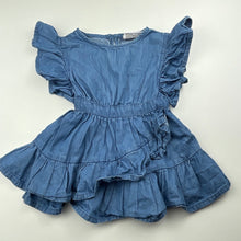 Load image into Gallery viewer, Girls Mango, chambray cotton ruffle dress, GUC, size 0, L: 37cm