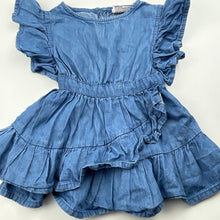 Load image into Gallery viewer, Girls Mango, chambray cotton ruffle dress, GUC, size 0, L: 37cm