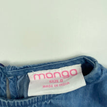 Load image into Gallery viewer, Girls Mango, chambray cotton ruffle dress, GUC, size 0, L: 37cm