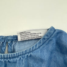 Load image into Gallery viewer, Girls Mango, chambray cotton ruffle dress, GUC, size 0, L: 37cm