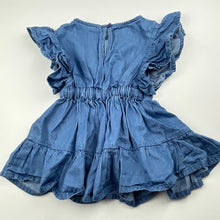 Load image into Gallery viewer, Girls Mango, chambray cotton ruffle dress, GUC, size 0, L: 37cm