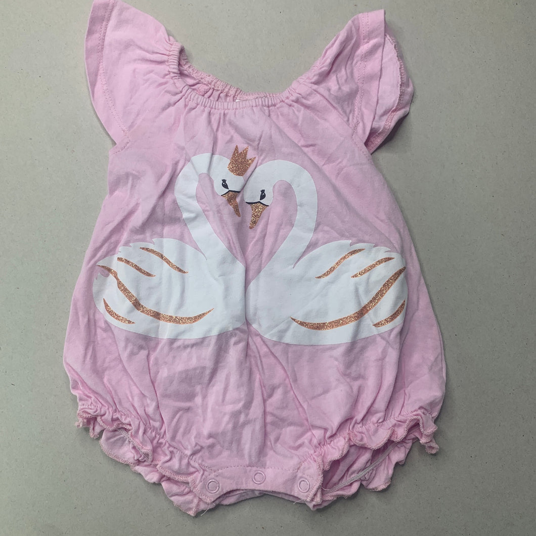 Girls Baby Berry, pink cotton romper, swans, FUC, size 000,  