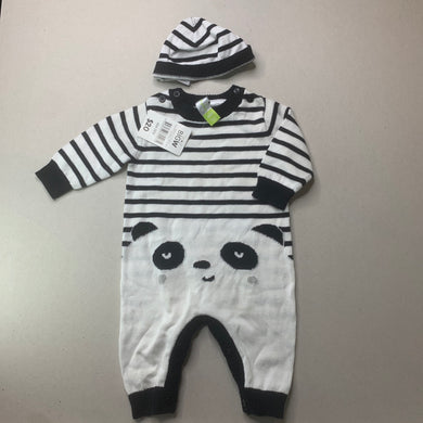 unisex Dymples, kintted cotton overalls + beanie, panda, NEW, size 000,  