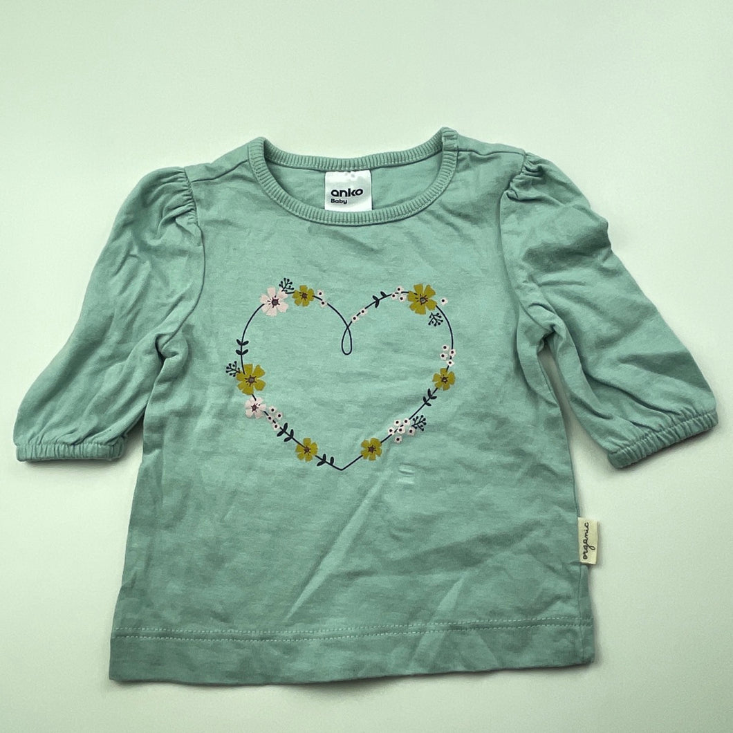 Girls Anko, organic cotton long sleeve top, heart, EUC, size 0000,  