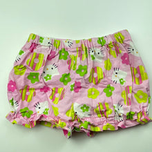 Load image into Gallery viewer, Girls floral, lightweight shorts, elasticated, cats, no labels, W: 21cm across, EUC, size 0,  