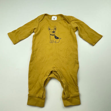 unisex Target, mustard cotton romper, dog, EUC, size 0000,  