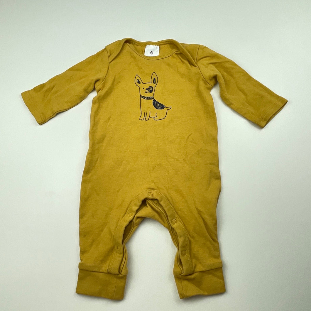 unisex Target, mustard cotton romper, dog, EUC, size 0000,  