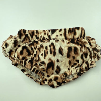 Girls Bardot Junior, leopard print linen blend ruffle bloomers / nappy cover, EUC, size 000,  