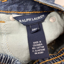 Load image into Gallery viewer, Boys Ralph Lauren, dark stretch denim shorts, elasticated, wear on cuffs, FUC, size 2,  
