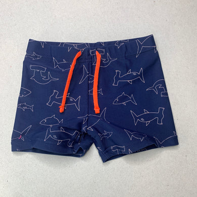 Boys Dymples, navy swim shorts, sharks, EUC, size 0,  