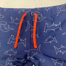 Load image into Gallery viewer, Boys Dymples, navy swim shorts, sharks, EUC, size 0,  