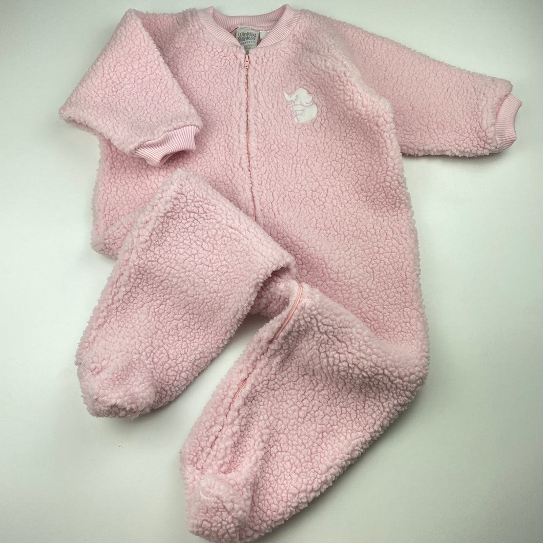 Girls Winkin & Blinkin, vintage fleece zip coverall / romper, light marks neck & cuffs, FUC, size 1,  