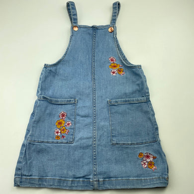 Girls 1964 Denim Co, embroidered stretch denim overalls dress, FUC, size 5, L: 57cm