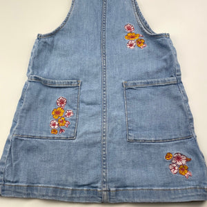 Girls 1964 Denim Co, embroidered stretch denim overalls dress, FUC, size 5, L: 57cm