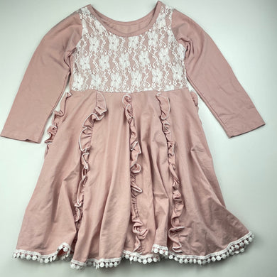 Girls pink, long sleeve dress, lace detail, no size, armpit to armpit: 28cm, EUC, size 4-5, L: 58cm