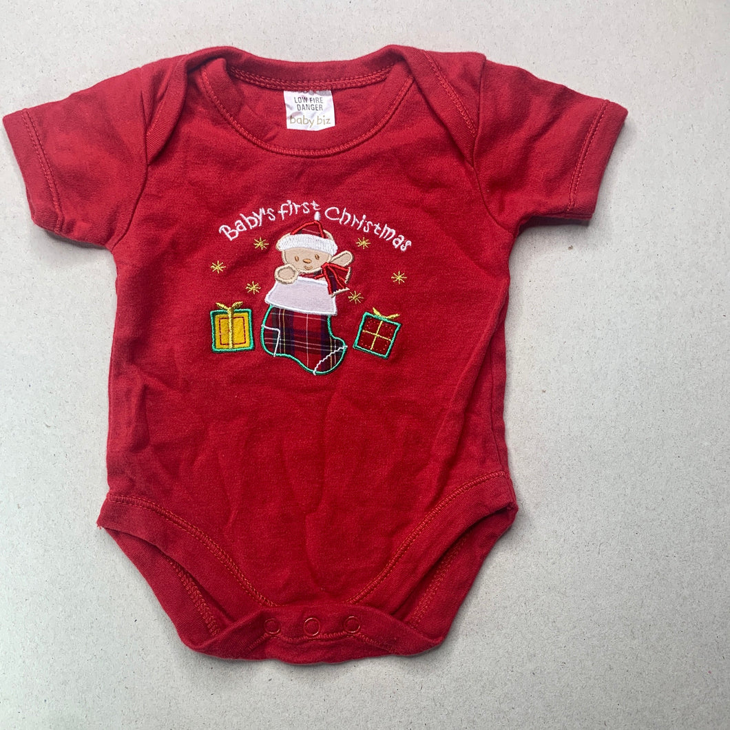 unisex Baby Biz, red cotton Christmas bodysuit / romper, GUC, size 0000,  