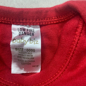unisex Baby Biz, red cotton Christmas bodysuit / romper, GUC, size 0000,  