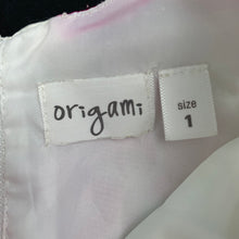 Load image into Gallery viewer, Girls Origami, lined colourful floral party dress, EUC, size 1, L: 46cm