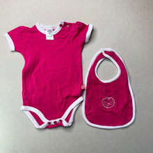 Load image into Gallery viewer, Girls Babybuds, pink cotton bodysuit / romper + bib, GUC, size 000,  