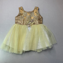 Load image into Gallery viewer, Girls gold, lined tulle &amp; lace party dress, armpit to armpit: 25cm, GUC, size 1, L: 40cm
