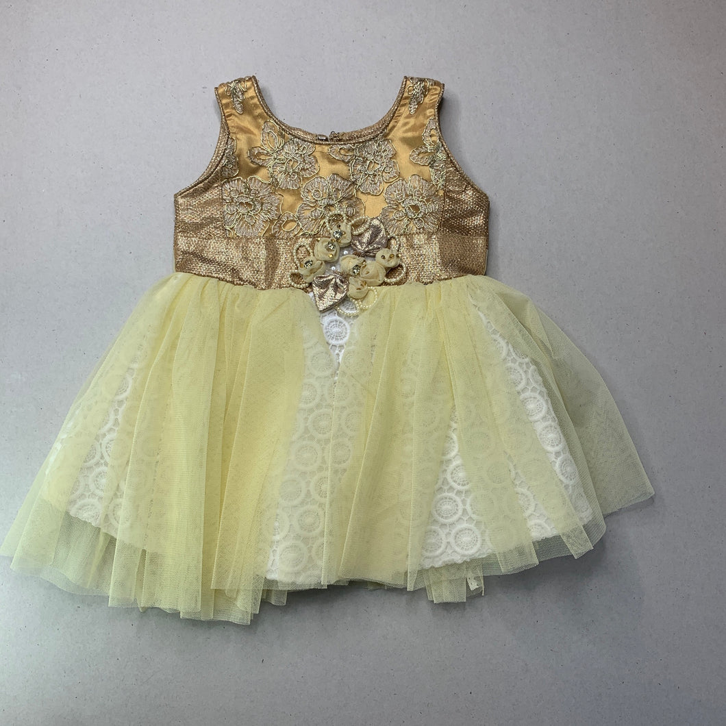 Girls gold, lined tulle & lace party dress, armpit to armpit: 25cm, GUC, size 1, L: 40cm