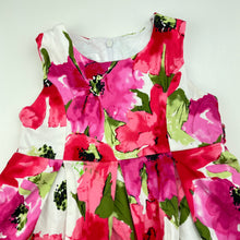 Load image into Gallery viewer, Girls Blue Sky, lined colourful floral cotton party dress, green mark on front, FUC, size 3, L: 49cm