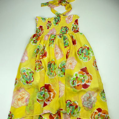 Girls lightweight, floral summer dress, armpit to armpit: 27cm across, FUC, size 6-7, L: 65cm at front approx
