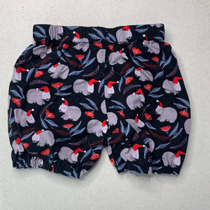 unisex Made by Mama, cotton Christmas shorts, elasticated, W: 22cm across, EUC, size 0,  