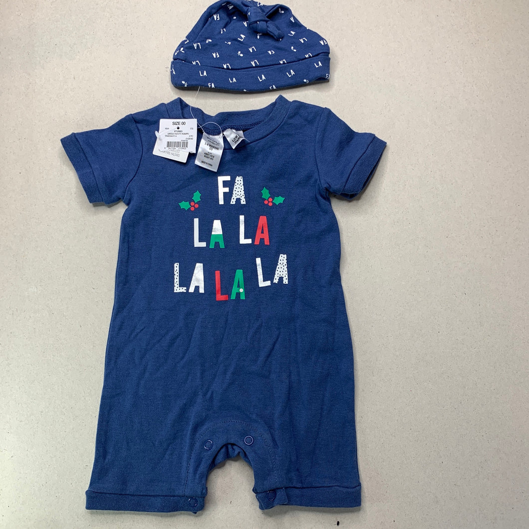 unisex Tiny Little Wonders, Christmas cotton romper + hat, NEW, size 00,  